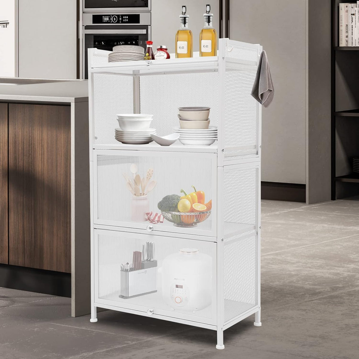 Kitchen Sideboard Pantry Cabinets with Hooks, 4 Tier Kitchen Organizer Shelf for Dishes, Wine, Pots and Pans with 4 Hooks, Modern Food Pantry Cabinets with Drawer for Kitchen Dining Living Room, White