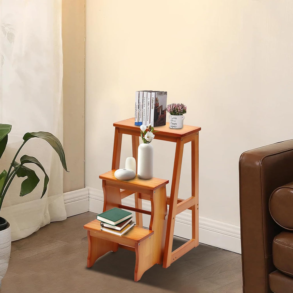 Folding Library Ladder Chair, Solid Wood Portable Multifunctional Step Stool, 3-Step Stool Stepladders, Display Stand and Flower Stand for Home (Brown)