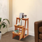 Folding Library Ladder Chair, Solid Wood Portable Multifunctional Step Stool, 3-Step Stool Stepladders, Display Stand and Flower Stand for Home (Brown)