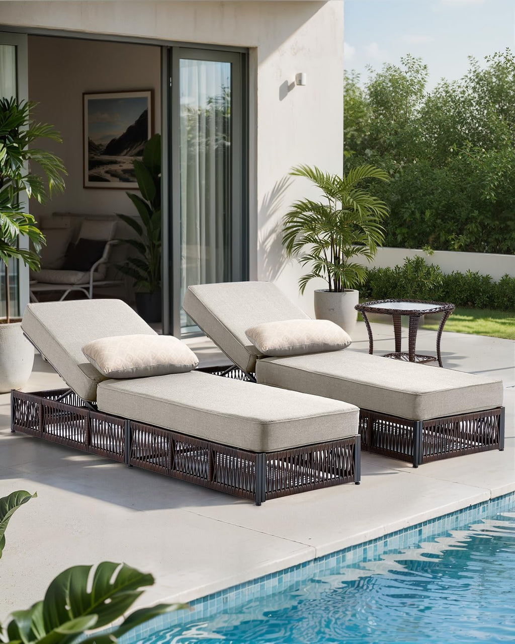 Luxury Outdoor Chaise Lounges with 5 Inch Thickened Cushions - Set of 2 High Back Brown Wicker Patio Recliners Rattan Reclining Chairs Porch Poolside Pool Sunbathing Lounger - Beige