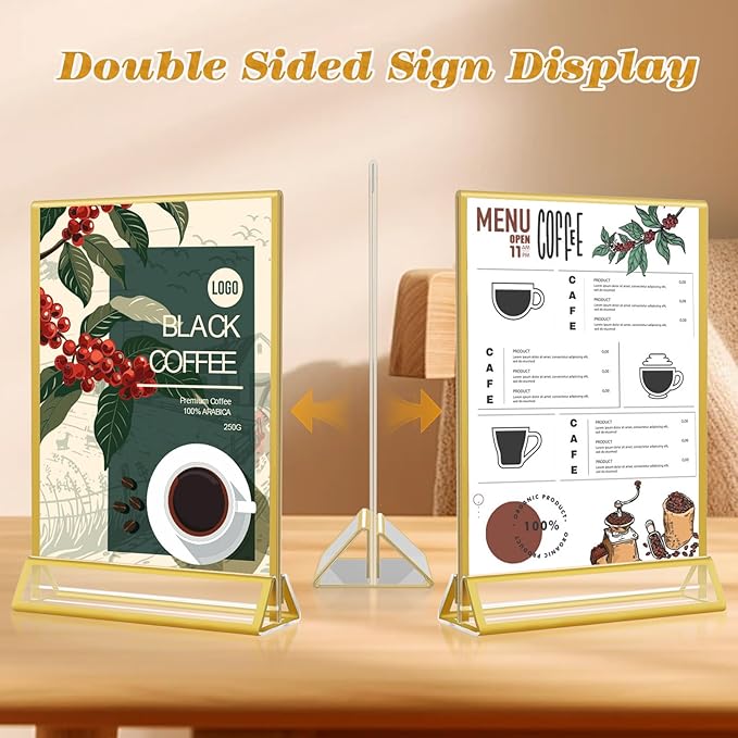 Gold Acrylic Sign Holder 4x6, 16 Pack Wedding Gold Frame Table Number Holders Vertical, Clear Picture Frames Flyer Stands Tables Menu Holder, Double Photo Paper Display Holder for Party, Home, Office