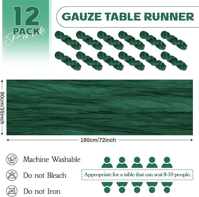 Aktor 12 Pack Emerald Green Table Runner Boho Cheesecloth Table Runner Semi Sheer Gauze Fabric Runners for Wedding Birthday Baby Shower Party Boho Table Decoration（Emerald Green）
