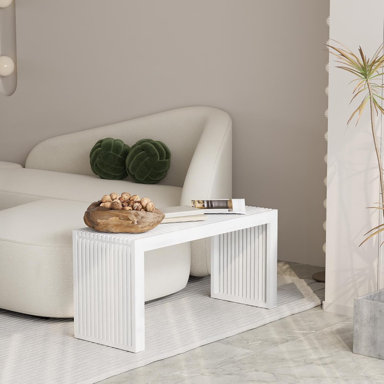 Wisuce Bamboo Dining Bench, 35 inch Entryway Indoor Kitchen Bench, White | Natural Bamboo, 450LBS Weight Capacity, Grille Farmhouse Style, Ideal for entryways, bedrooms, outdoor settings