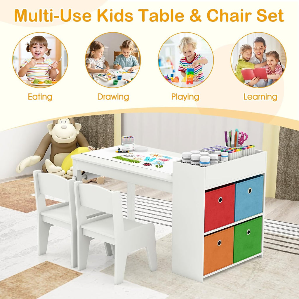 KOTEK Kids Art Table and Chair Set, Kids Craft Table with Paper Roll, 2 Chairs & 4 Storage Bins for Drawing, Reading, Learning, Toddler Activity Play Desk for Playroom or Classroom (White)