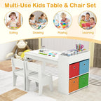 KOTEK Kids Art Table and Chair Set, Kids Craft Table with Paper Roll, 2 Chairs & 4 Storage Bins for Drawing, Reading, Learning, Toddler Activity Play Desk for Playroom or Classroom (White)