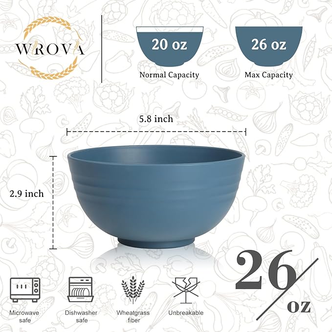 6-piece Wheat Straw Bowls sets 26oz,Alternative Plastic Bowls Reusable for indoors and outdoors,Microwave-able and Dishwasher Safe Bowls Sets Easy to Clean.Blue Series