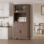GarveeHome 72 in Tall Kitchen Pantry Cabinet, Kitchen Hutch Bar Cabinet with Microwave Stand, Cupboard with Drawers & 2 Glass Doors for Dining Room, Living Room, Kitchen, Dark Brown