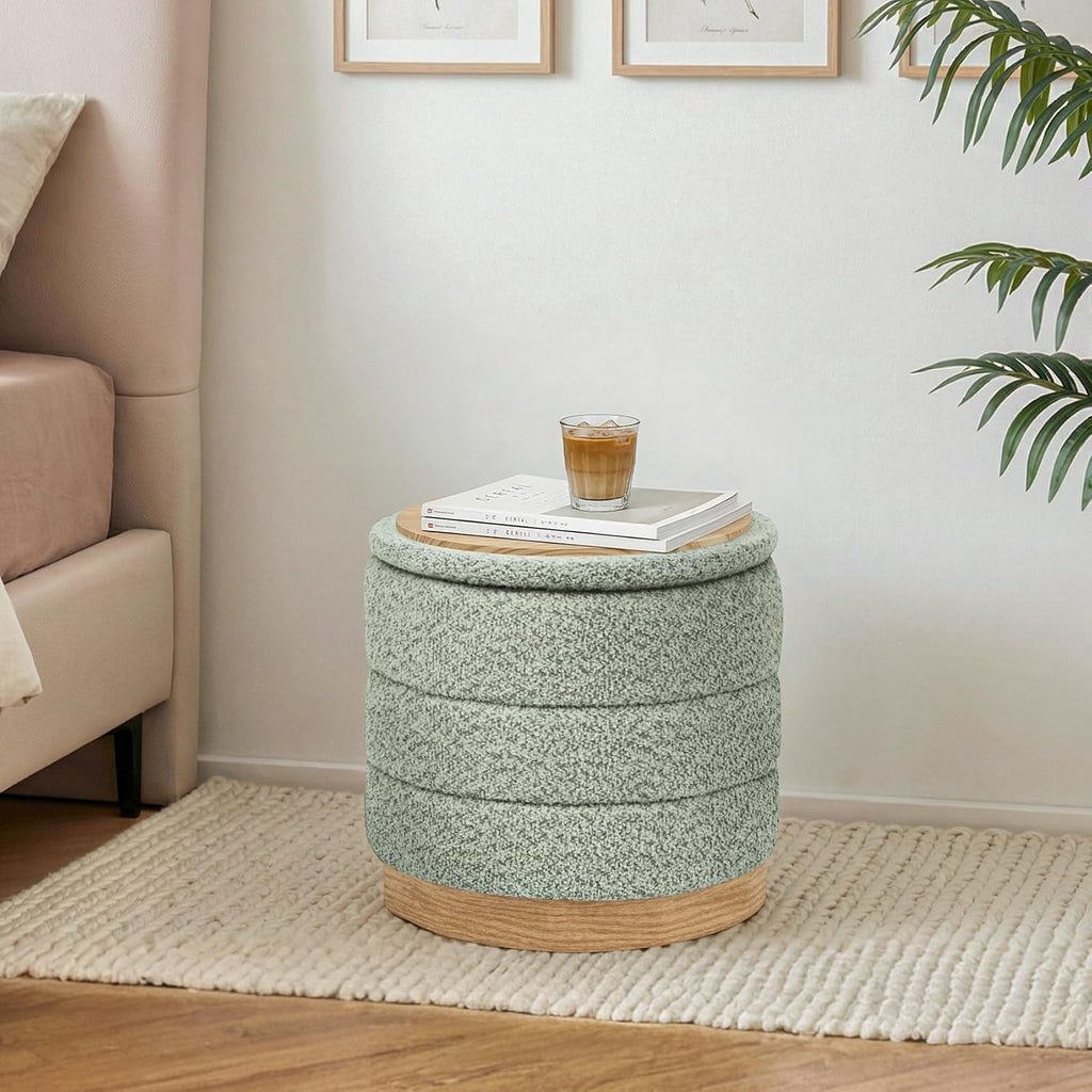 Round Storage Ottoman with Reversible Tray Lid, Folding Chenille Fabric Footrest with Hidden Storage, 15.4" Footstool for Small Spaces Living Room Bedroom, Wood Grain Base, Sage Green