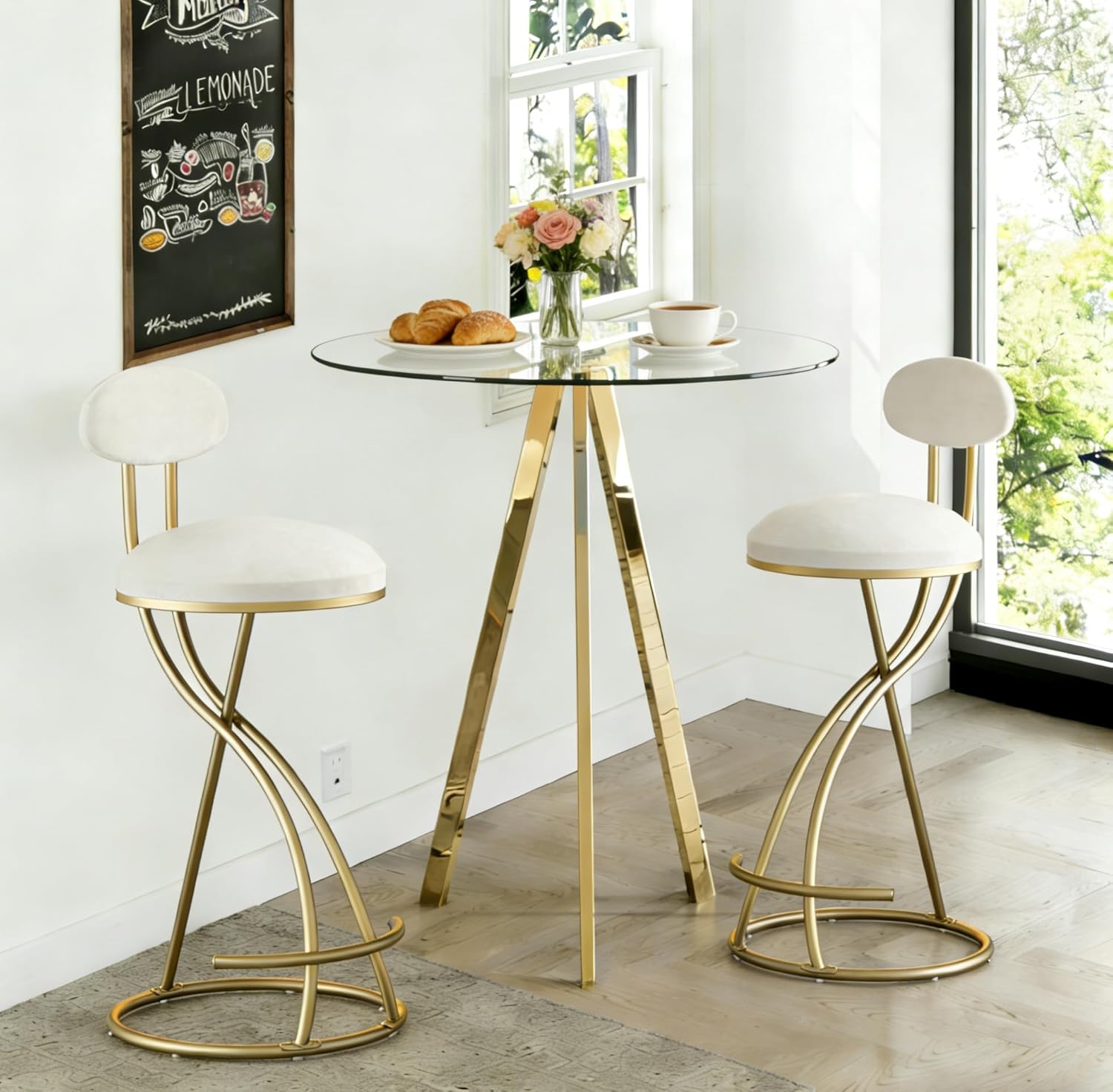 3 Piece Pub Dining Set, Modern Round Bar Table and Chairs for 2, 28" Counter Height Barstools and Glass Kitchen Table Set, 31" Small Dining Table with 2 Velvet Stools