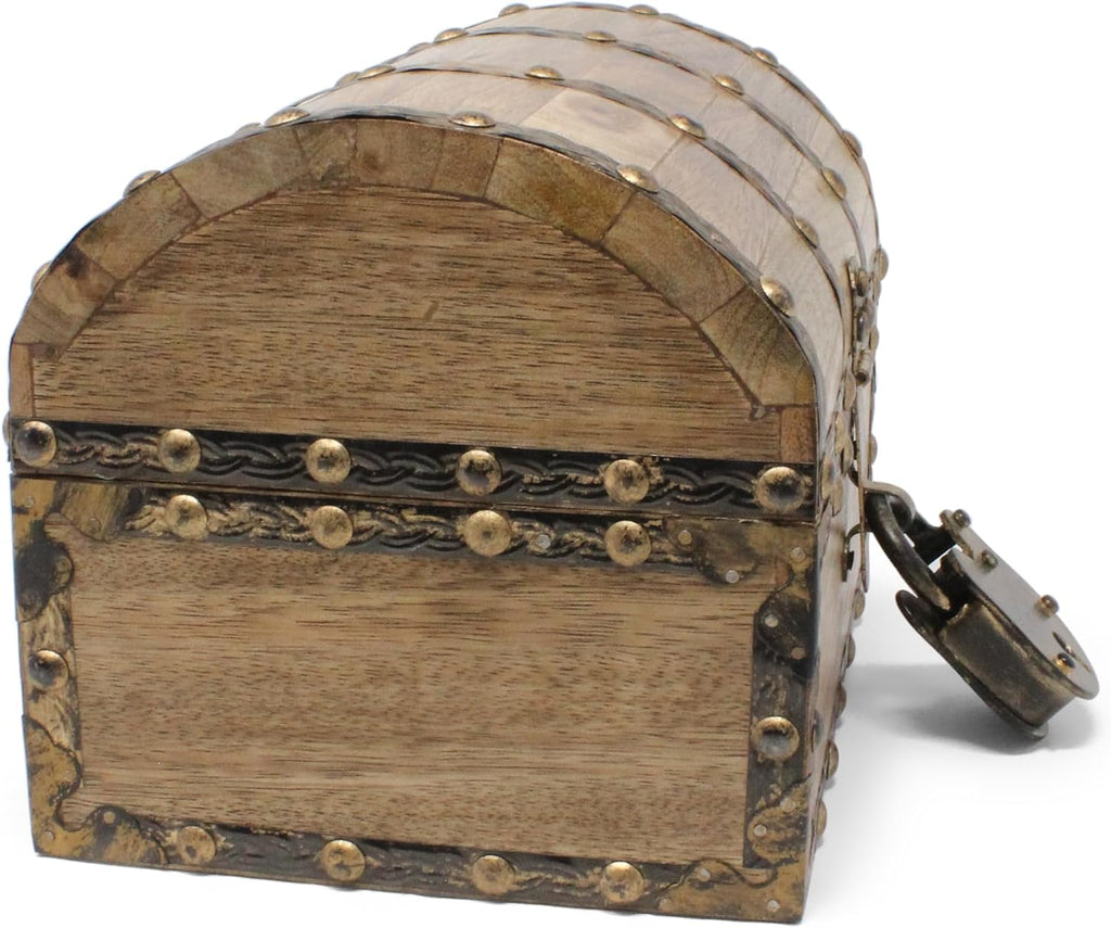 Nautical Cove Antiqued Finished Wood Treasure Chest with Decorative Rivets and Reinforcing Iron Strips with Lock and Skeleton Keys (Light Antique, Small 8 x 6 x 6)