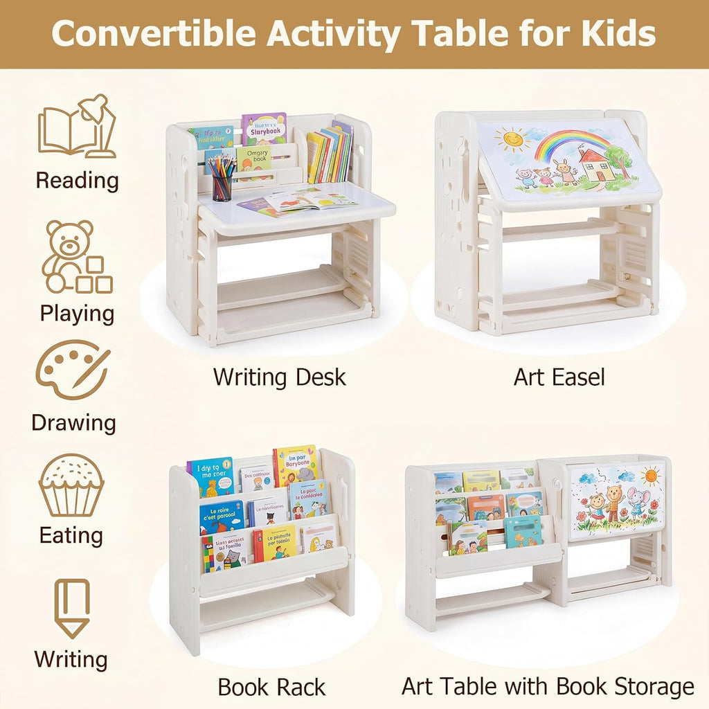 HONEY JOY Kids Table and Chair Set, Kids Art Table with Side Bookshelves | Toddler Activity Table with Erasable Whiteboard, Tiltable Desktop & Storage Baskets, for 3+ Years Old Boys & Girls