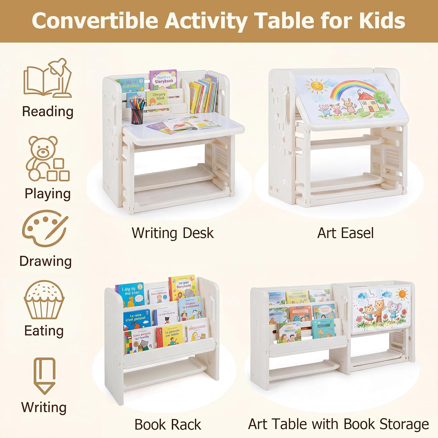 HONEY JOY Kids Table and Chair Set, Kids Art Table with Side Bookshelves | Toddler Activity Table with Erasable Whiteboard, Tiltable Desktop & Storage Baskets, for 3+ Years Old Boys & Girls