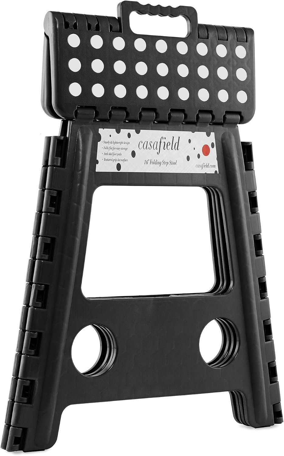 Casafield 16" Folding Step Stool with Handle (Set of 2), Black - Portable Collapsible Small Plastic Foot Stool for Adults - Use in the Kitchen, Bathroom and Bedroom