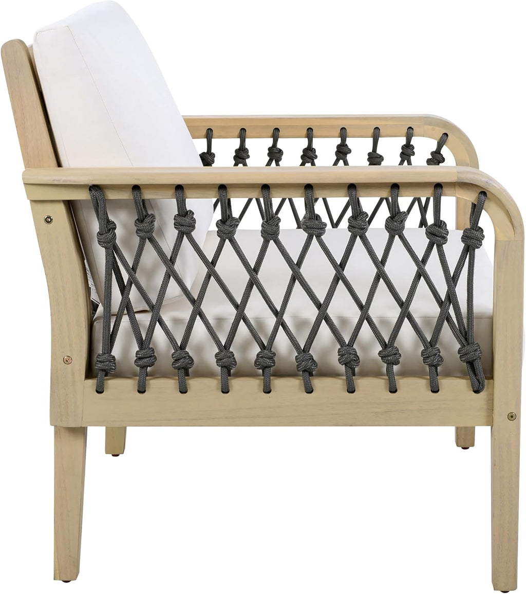 Outdoor Acacia Wood Club Chair with Handwoven Rope, Weather-Resistant, Set of 2, Light Teak Finish, 400 Lbs Capacity