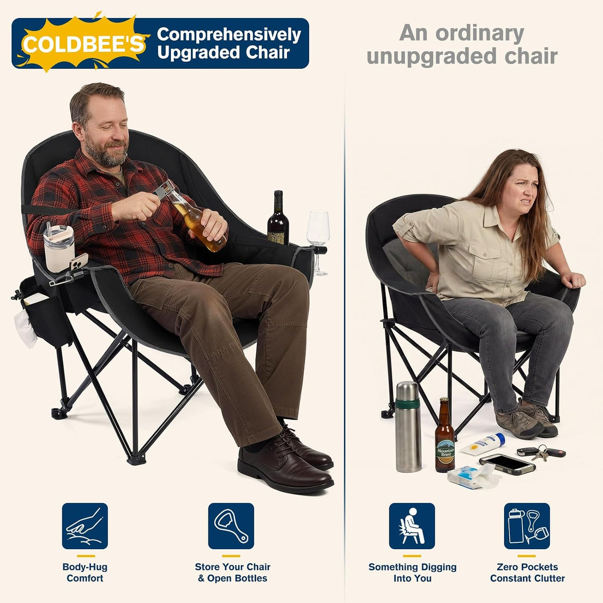 Coldbee Oversized Camping Chairs for Adults - Heavy Duty Padded Folding Lawn Chairs with Cup Holders & Cooler Bag, Comfy Outdoor Chair for Picnic, Beach, Fishing (Black)