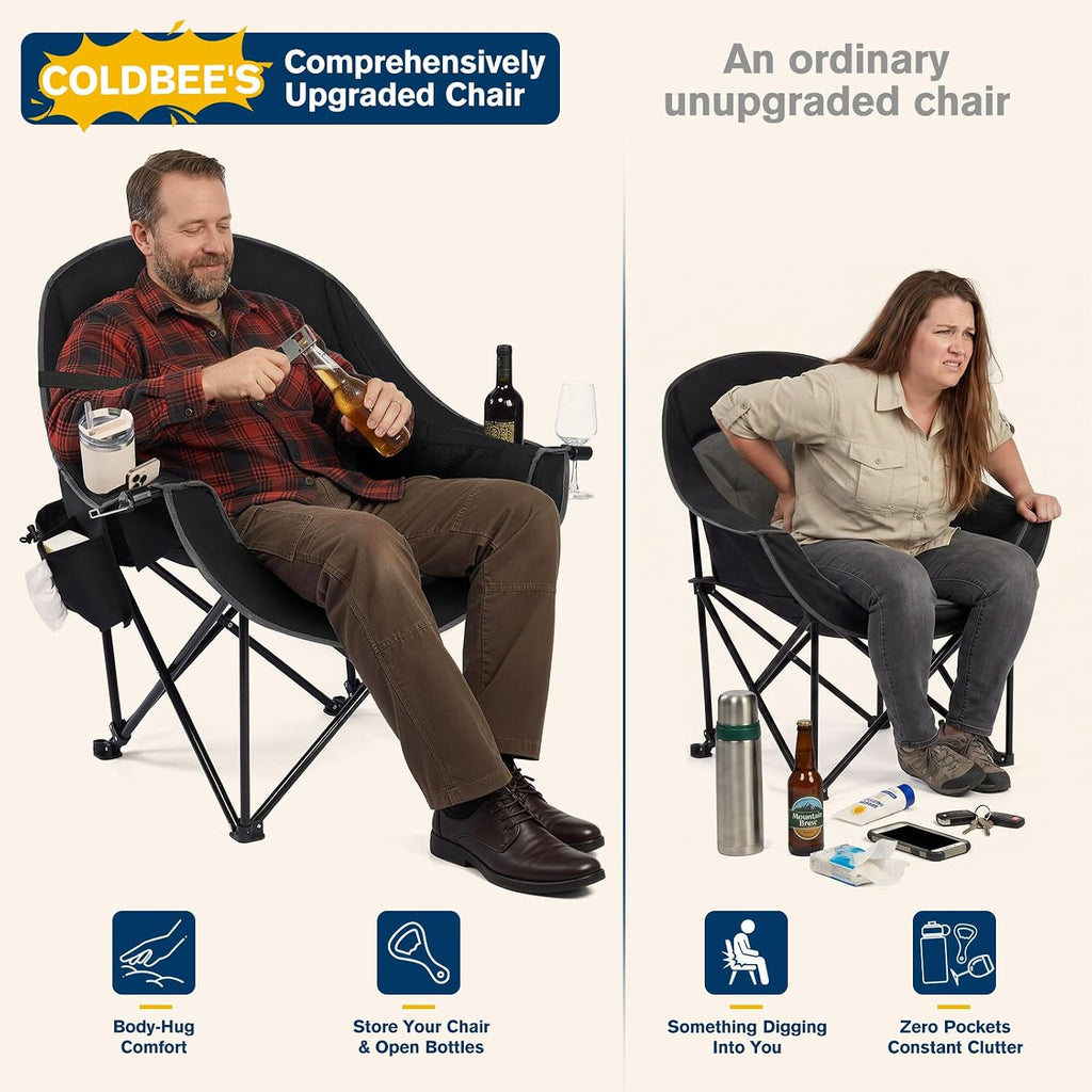 2PCS Oversized Camping Chairs, Heavy Duty Padded, Thick Headrest, Black
