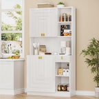 White Kitchen Pantry Cabinet, 71" Hutch Cabinet with Countertop & Power Outlet & Adjustable Shelves, High Gloss Wood Buffet Cabinet with Microwave Stand for Living Room, Dinning Room