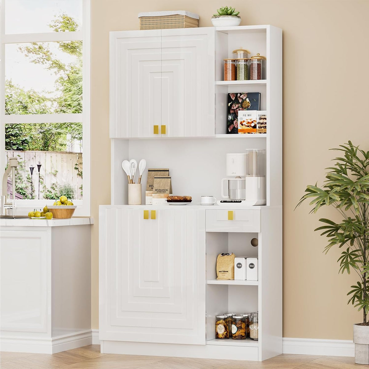White Kitchen Pantry Cabinet, 71" Hutch Cabinet with Countertop & Power Outlet & Adjustable Shelves, High Gloss Wood Buffet Cabinet with Microwave Stand for Living Room, Dinning Room