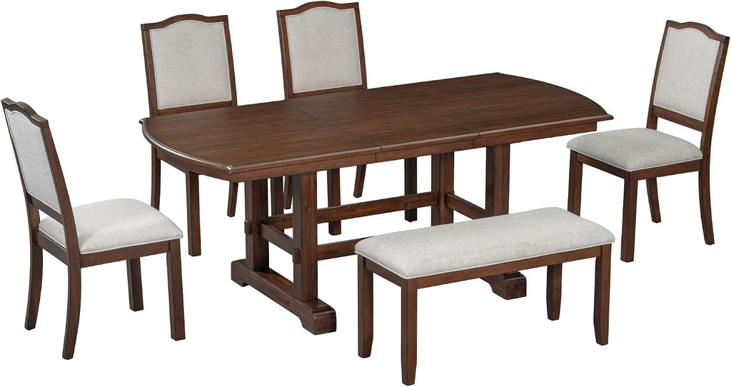 6-Pcs 78'' Extendable Rectangular Dining Table & 4 Upholstered Dining Chairs & 1 Bench, Wood Dining Table Kitchen Table Set for 6 (6-Pcs: 1 Table+4 Chair+ 1 Bench, Cherry)