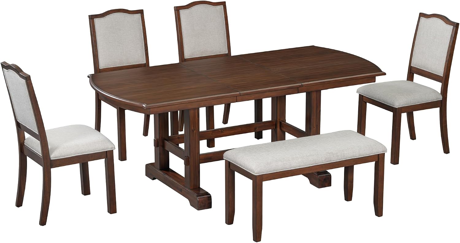 6-Pcs 78'' Extendable Rectangular Dining Table & 4 Upholstered Dining Chairs & 1 Bench, Wood Dining Table Kitchen Table Set for 6 (6-Pcs: 1 Table+4 Chair+ 1 Bench, Cherry)