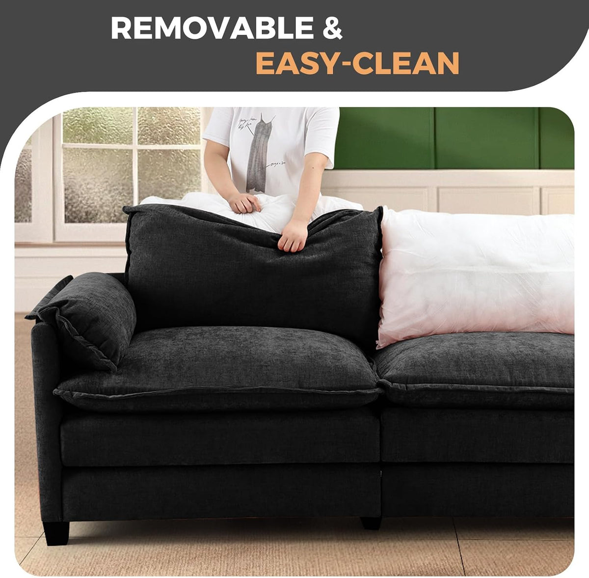 ELUCHANG 153" Oversized Modular Sectional Sofa, Comfy Chenille Cloud Couch, 8-Seater U Shaped Modern Deep Seat Sofa w/Removable Covers for Living Room, Bedroom, DIY Combination - Black