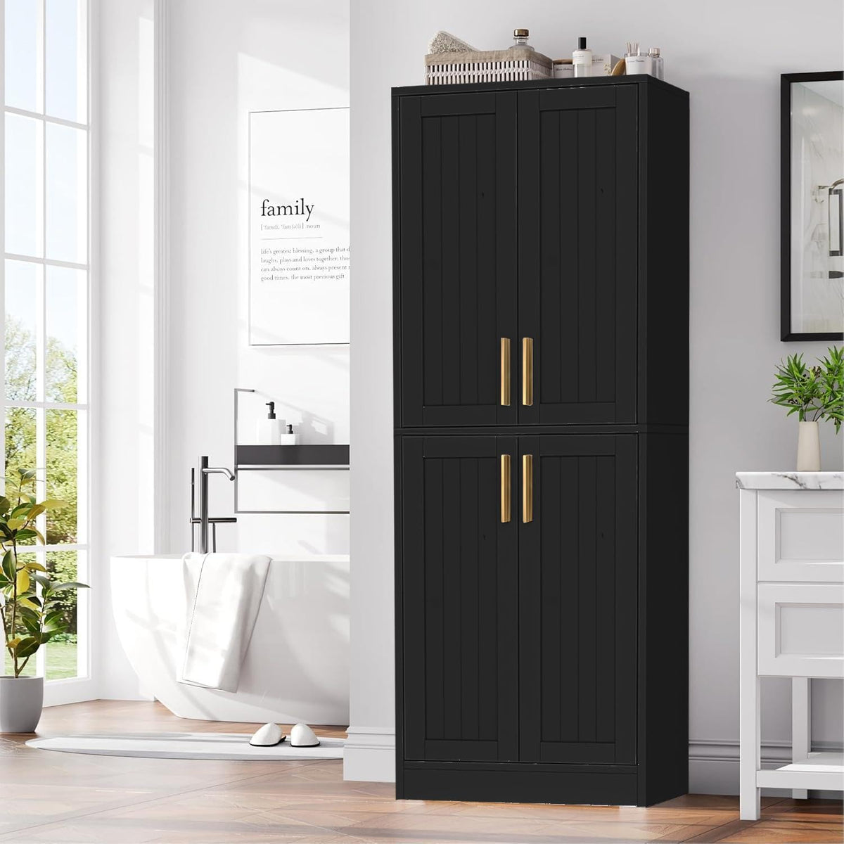67.7" Tall Kitchen Pantry Storage Cabinet,with 4 Doors,2 Adjustable Shelves,Freestanding Cupboard Farmhouse for Kitchen,Living,Bathroom,Laundry,Dining Room,Assemble Required,Black