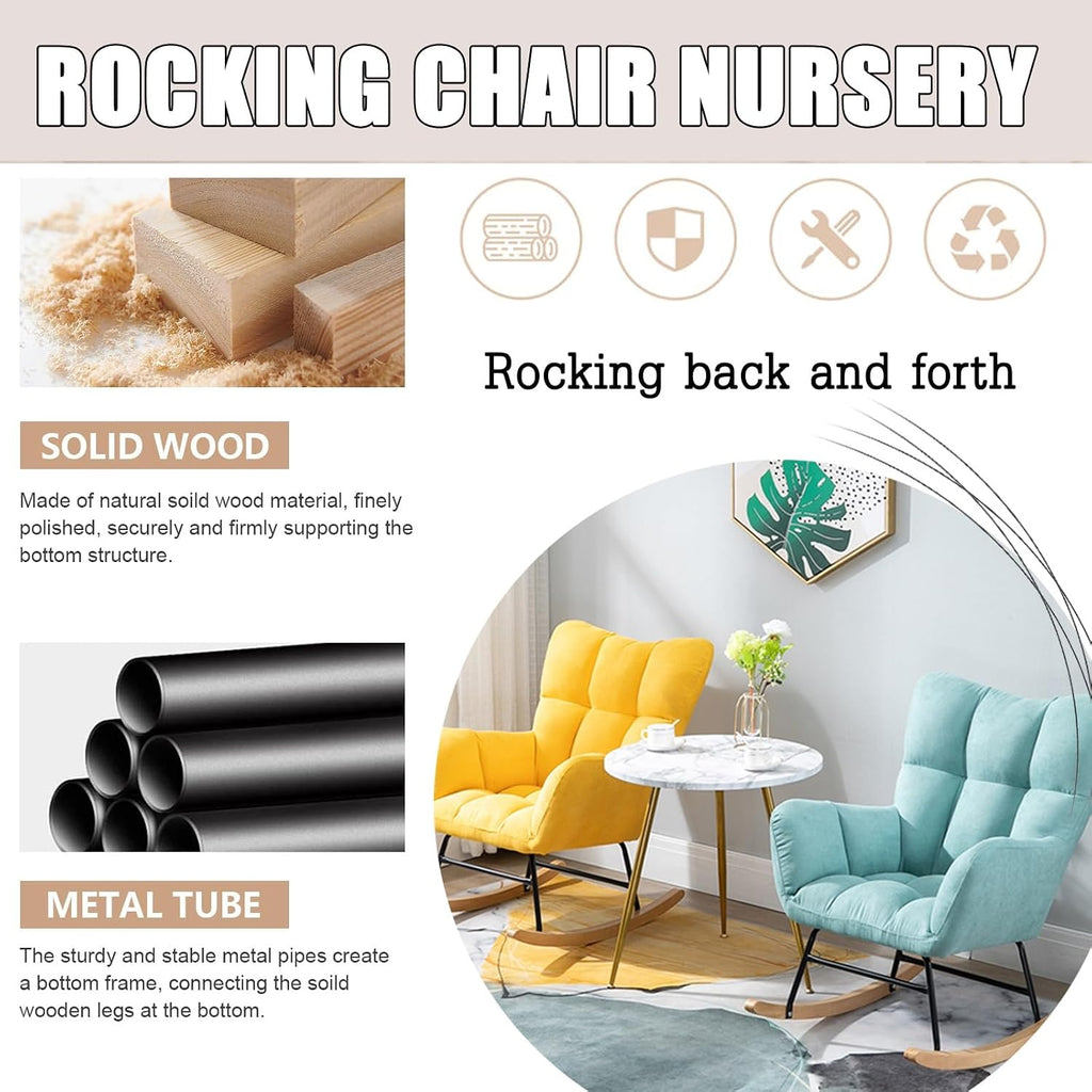 Modern Indoor Bedroom Rocking Chair with Cushion, Indoor Bedroom Upholstered Rocking Chair, Sofa Chair, Modern Lounge Chair for Balcony, for Balcony Living Room Bedroom,Emerging Green