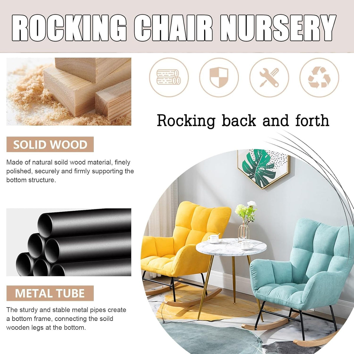 Modern Indoor Bedroom Rocking Chair with Cushion, Indoor Bedroom Upholstered Rocking Chair, Sofa Chair, Modern Lounge Chair for Balcony, for Balcony Living Room Bedroom,Emerging Green