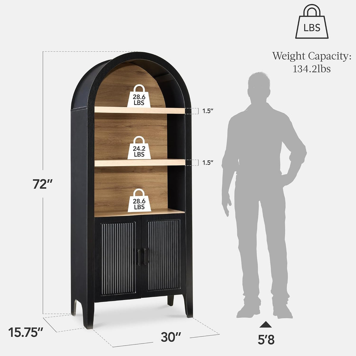 Best Choice Products 72" Tall Arched Pantry Cabinet w/Reeded Doors, 5-Tier Bookshelf, Armoire, Hutch, Bookcase, Storage Cabinet w/Adjustable Shelves, for Dining Room and Livingroom - Black Oak