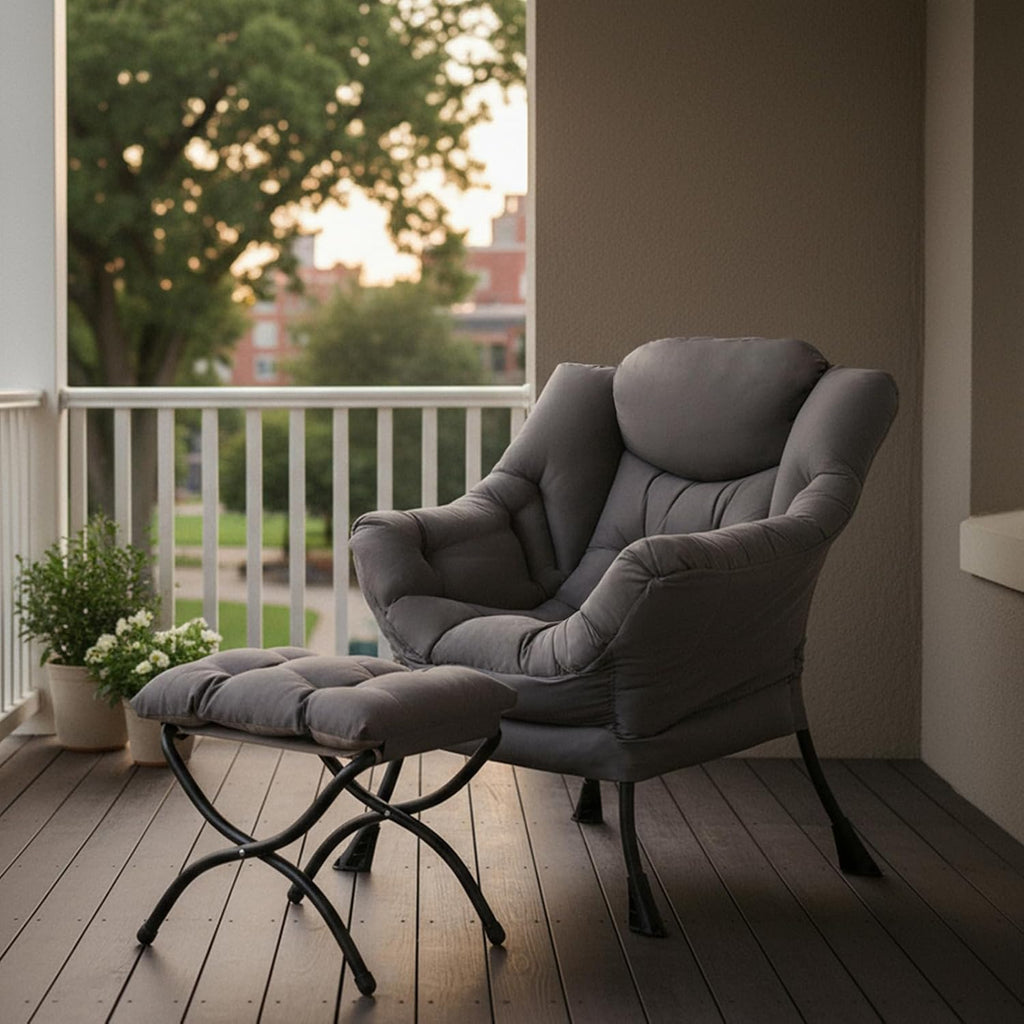 Tiita Lazy Chair with Ottoman, Comfy Reading Accent Chair, Dark Grey | Foldable Footrest, Padded Seat and Backrest, Side Pocket for Lounging in Living Rooms, Bedrooms, Dorms and Small Spaces