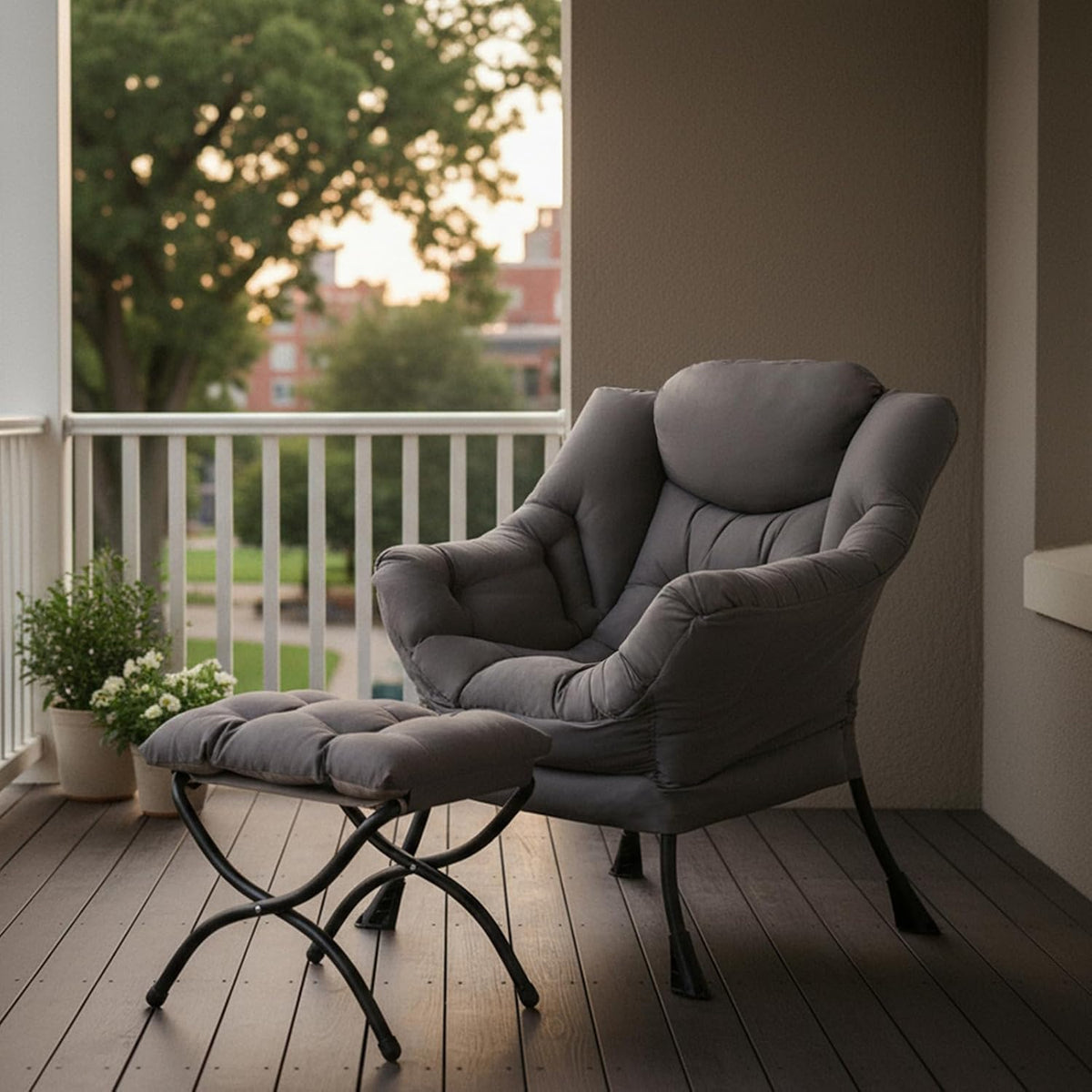 Tiita Lazy Chair with Ottoman, Comfy Reading Accent Chair, Dark Grey | Foldable Footrest, Padded Seat and Backrest, Side Pocket for Lounging in Living Rooms, Bedrooms, Dorms and Small Spaces