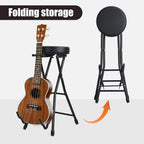 Guitar Stool, Foldable Padded Seat with Built-in Stand & Footrest, Retractable Hook Non-Slip Feet for Acoustic Electric Bass Home Studio Practice (Black-B)