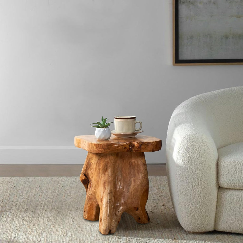 Greenage Cedar Roots Mushroom Accent Stool 12" x 15" x 13.5" Height Natural Wood Side Table Home Décor Rustic Plant Stand Accent Tree Stump Stool End Table for Living Room Live Edge Table