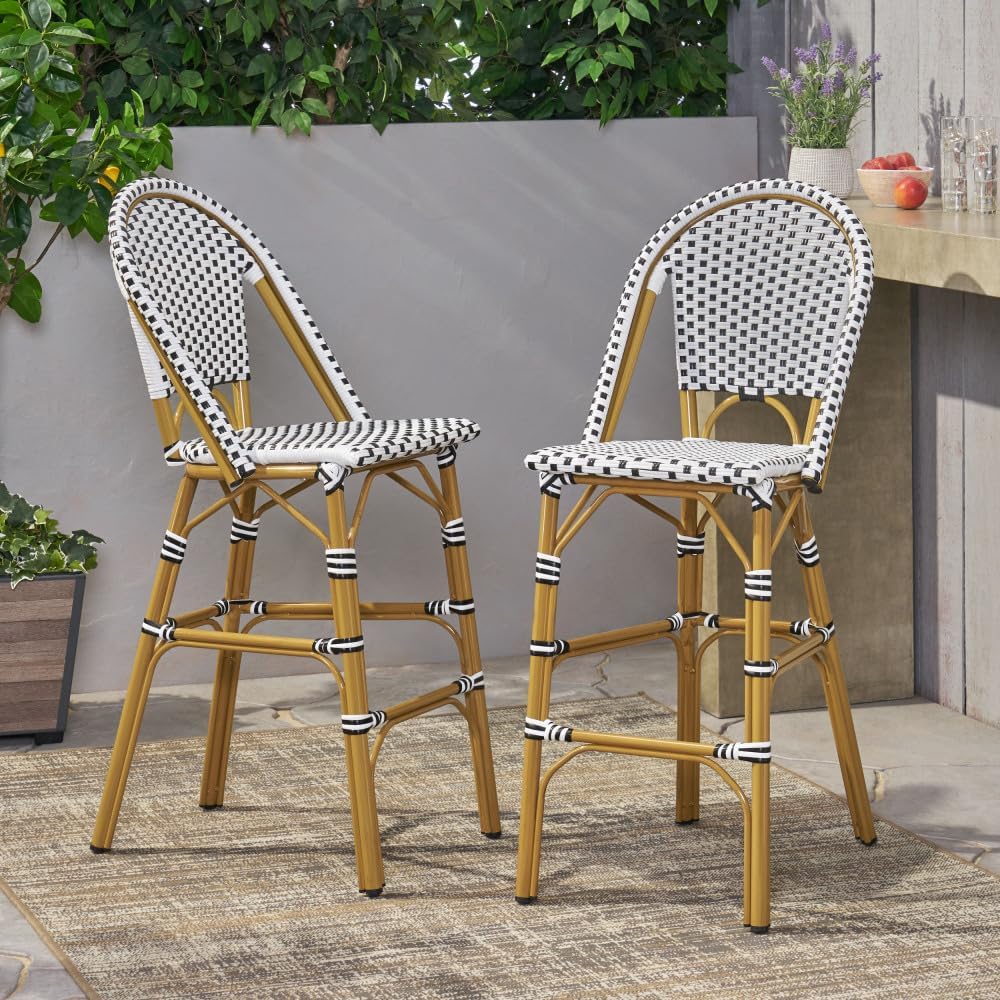 Saiveina 29.5" Outdoor PE Rattan French Barstool, White and Black, Aluminum Frame with Bamboo Finish (Set of 2)