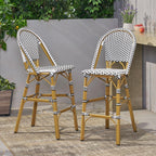 Saiveina 29.5" Outdoor PE Rattan French Barstool, White and Black, Aluminum Frame with Bamboo Finish (Set of 2)