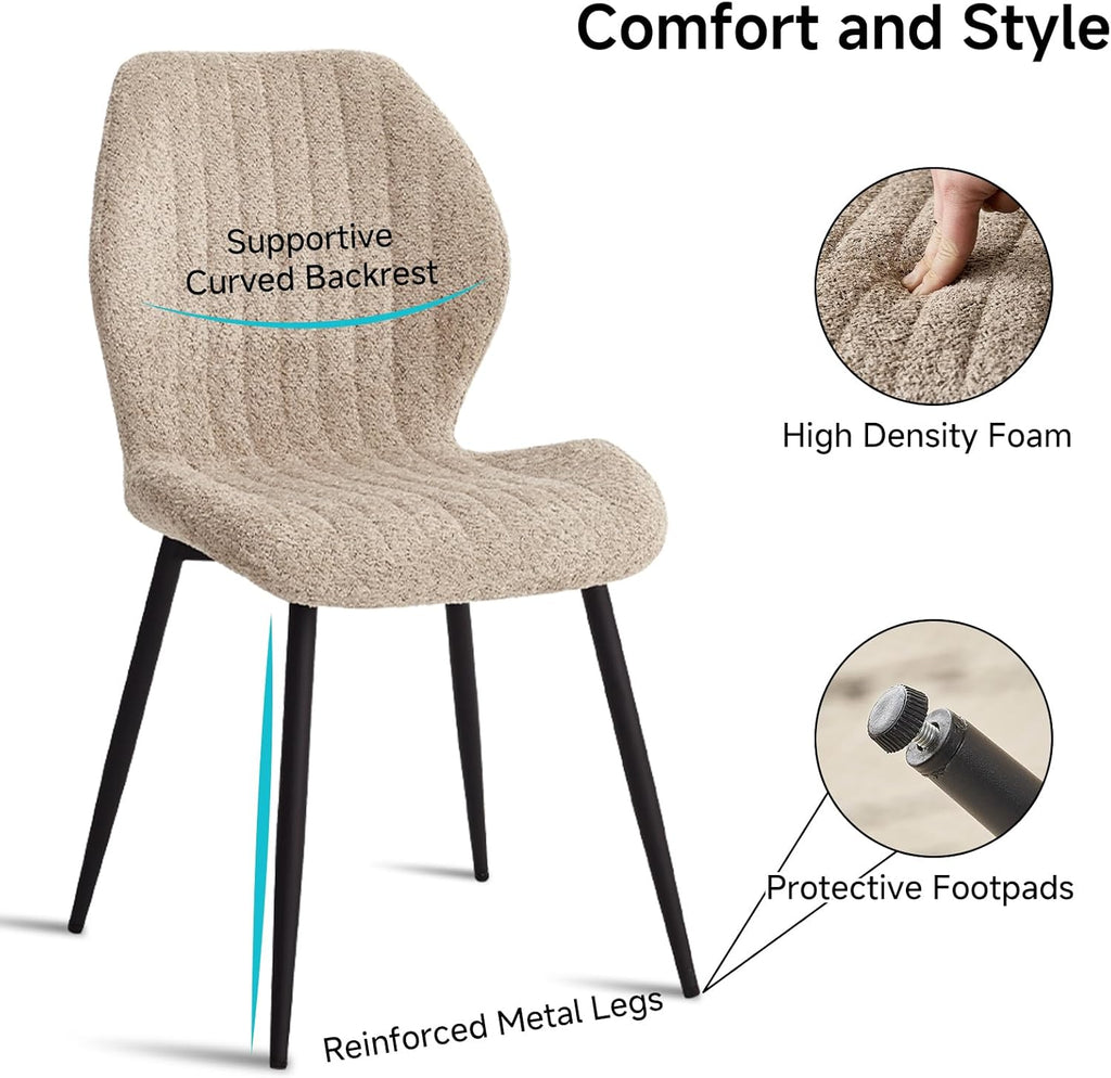 Modern Minimalist Dining Chairs Set of 4, Boucle Fabric, Brown | Thick High-Density Resilient Foam Cushion, Sturdy Metal Frame; Non-Slip Foot Caps Protect Floors, Perfect For Dining Room