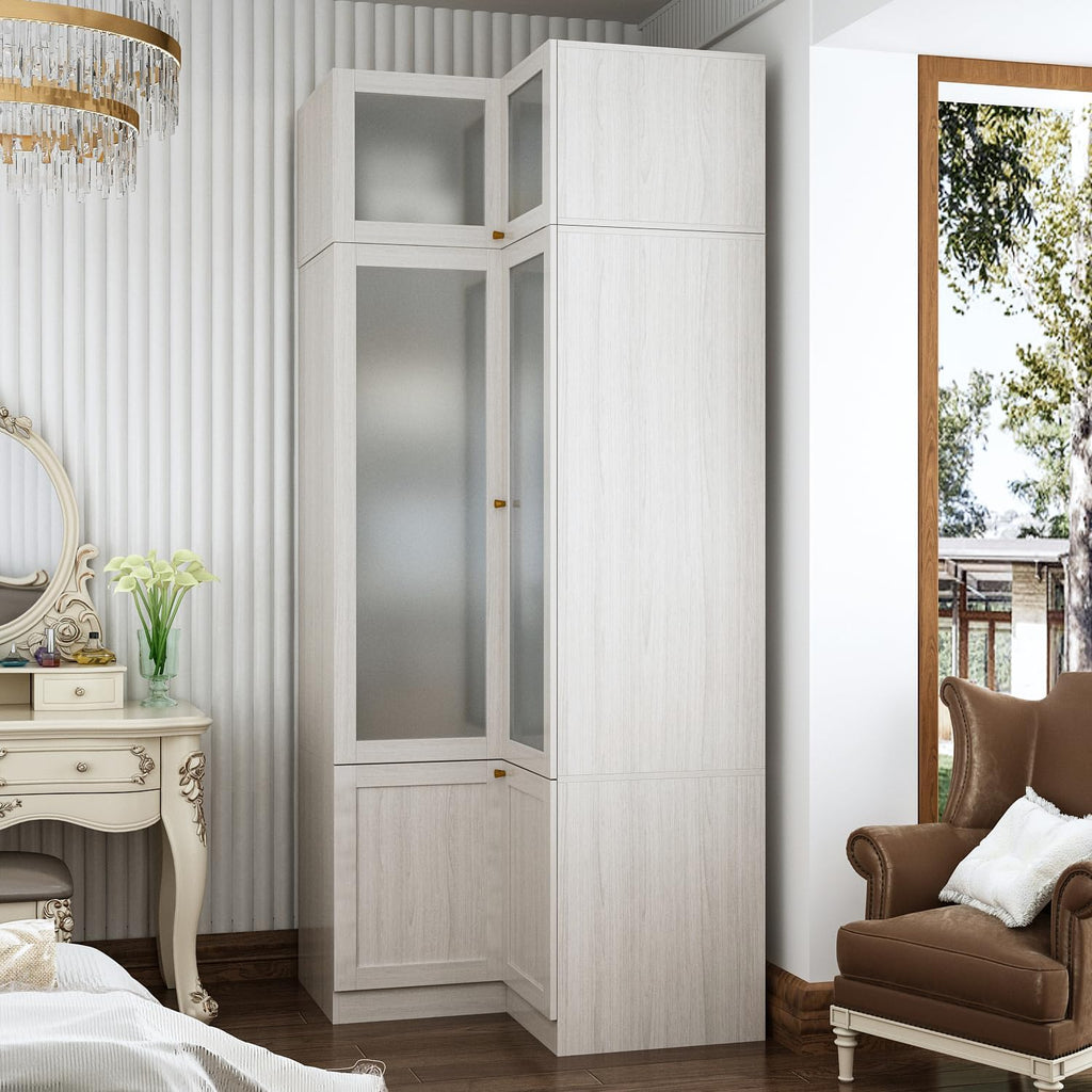 MOUMON Tall Corner Wardrobe, L-Shaped Modern Bedroom Armoires with Frosted Glass Doors and Hanging Rod, Corner Armoire Closet for Clothes Storage, Wood Grain 35.4" W x 35.4" D x 86.6" H