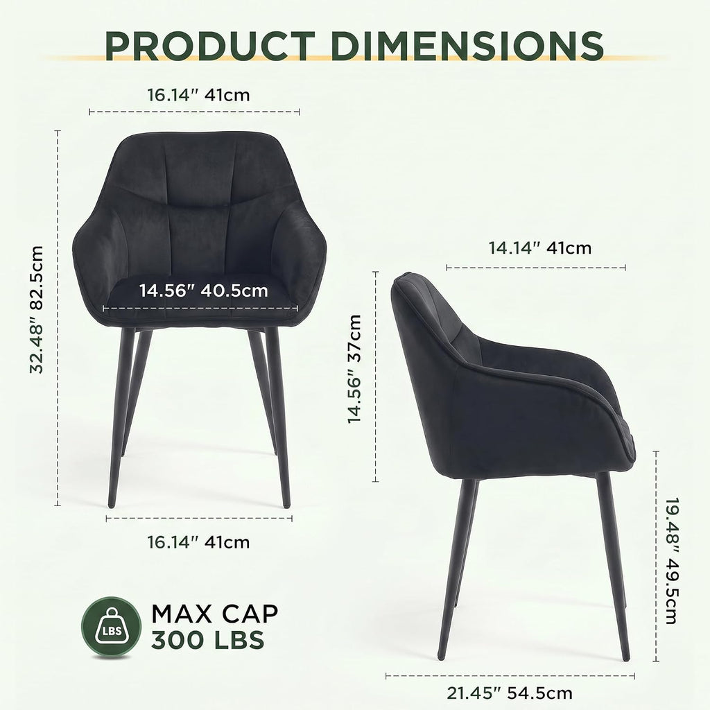 Modern Black Velvet Dining Chairs Set of 2, Upholstered Tufted Side Chairs with Arms, Black Metal Legs, Accent Arm Chairs for Kitchen, Dining Room, Living Room (Black)