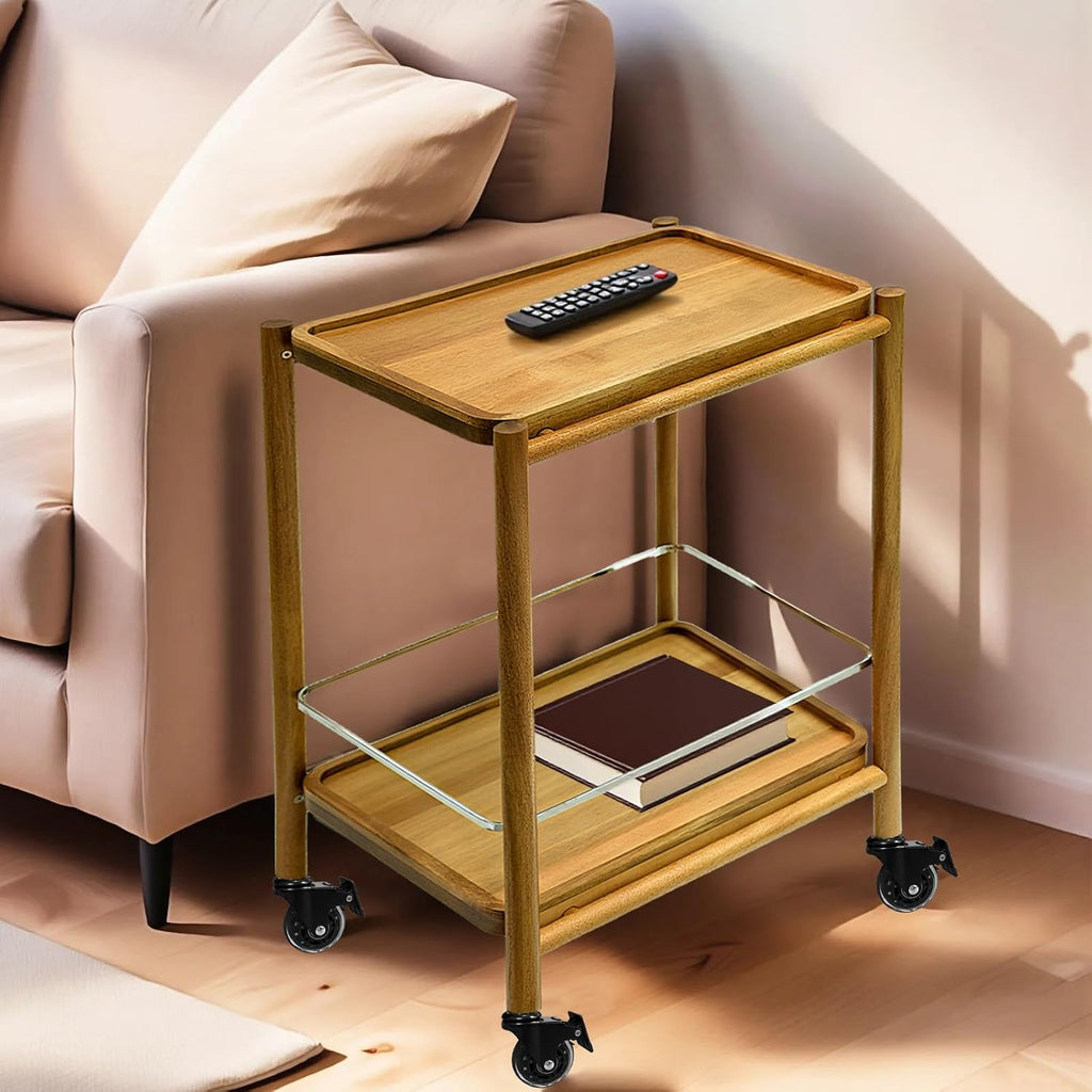 Acacia Wood Rolling Side Table, 2-Tier with Lockable Wheels & Removable Tray, Sturdy Durable for Bar Cart, Nightstand, End Table, Sofa Table