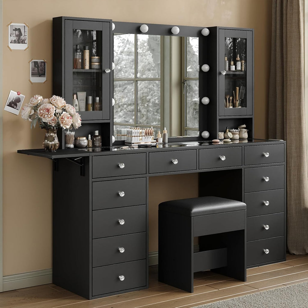 Yanosaku 55''W Makeup Vanity Desk with Mirror and Lights, 12 Drawers, Black | 3 Lighting Modes, Power Outlet, Glass Top, 2 Cabinets, Fold-up Panel, Vanity Stool Included, Fits Bedroom Dressing Room