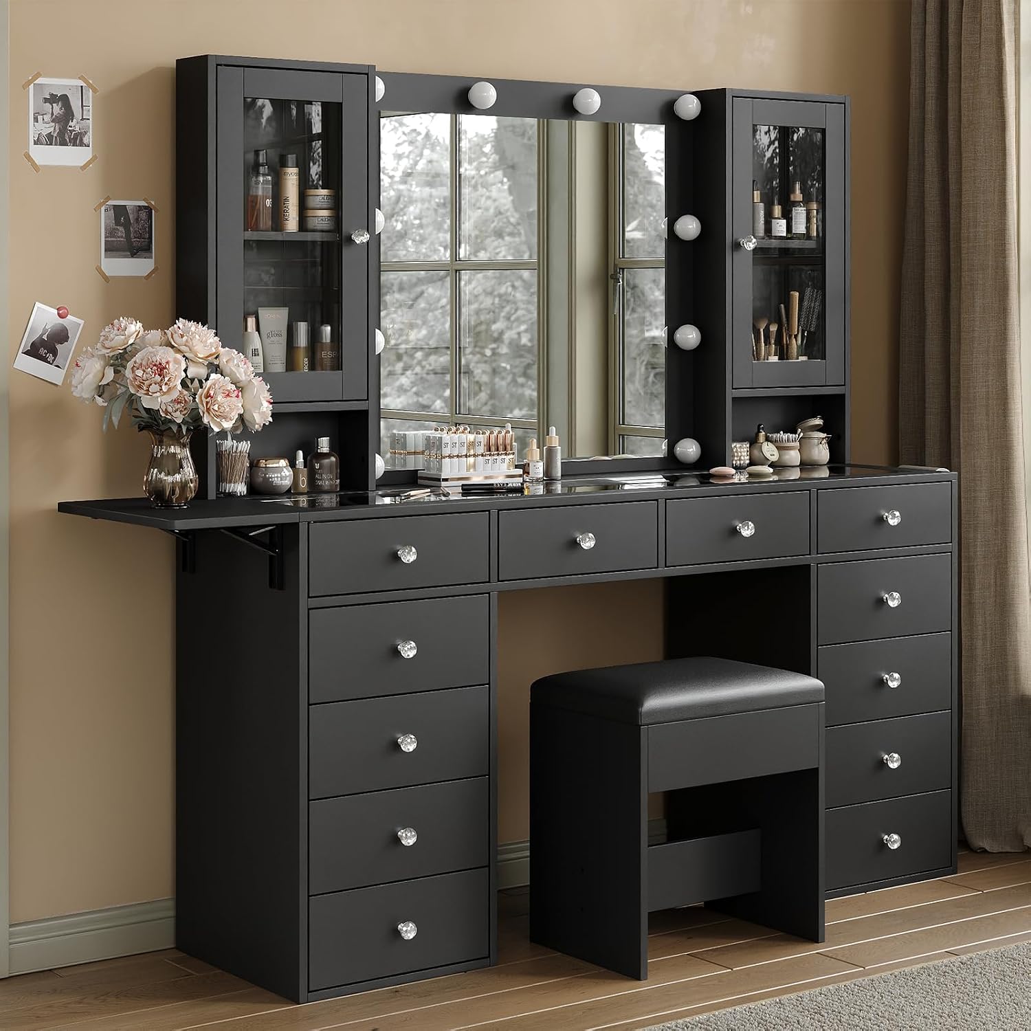 Yanosaku 55''W Makeup Vanity Desk with Mirror and Lights, 12 Drawers, Black | 3 Lighting Modes, Power Outlet, Glass Top, 2 Cabinets, Fold-up Panel, Vanity Stool Included, Fits Bedroom Dressing Room