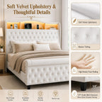 King Size Bed Frame with 51.2" Tall Lighted Storage Headboard and Charging Station, Velvet Upholstered Tufted Wingback Platform Bed with Footboard, No Box Spring Needed, Noise-Free