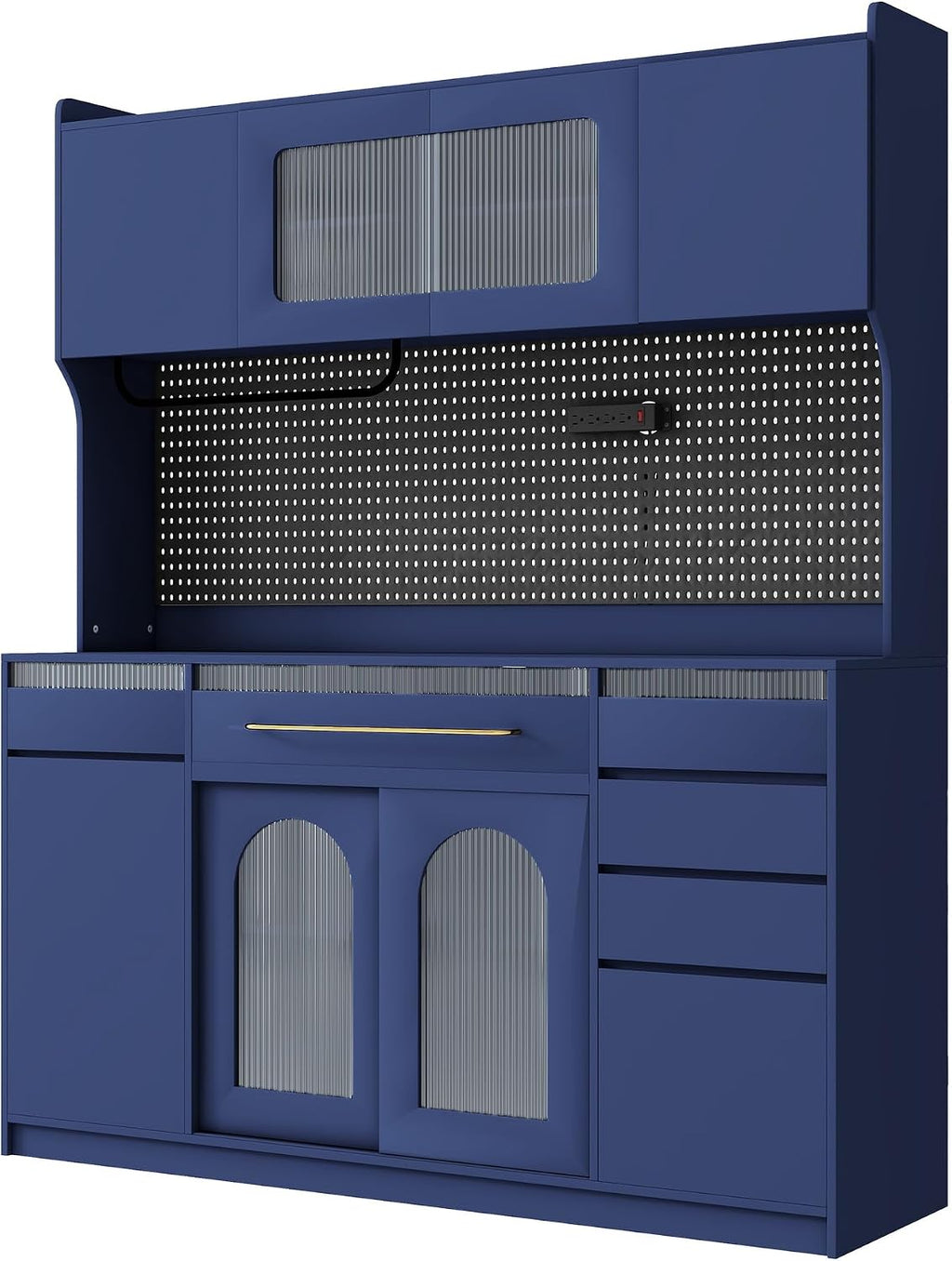 Merax Freestanding 63" W Buffet with Hutch, Large Coffee Bar Storage Cabinet with 6 Drawers, 5 Cabinets with Adjustable Shelves, Pegboard, Towel Rack, Blue