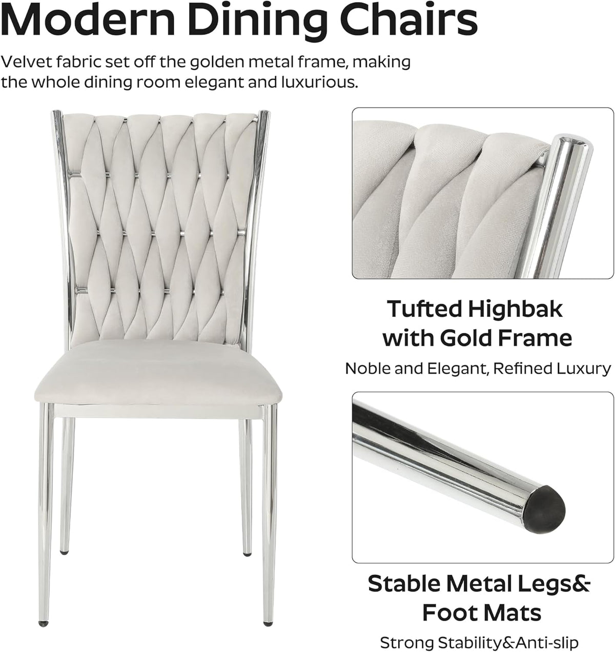 Modern Dining Chairs Set of 6, Light Grey Velvet Woven Kitchen Chair with Silver Metal Legs, Upholstered Cushion & High Back Design, Mid-Century Dining Chairs for Kitchen, Living Room