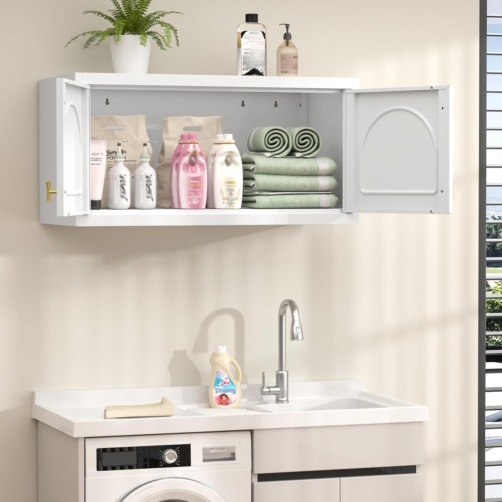 32" Wall Metal Storage Cabinet with Doors & Gold Handle | Adjustable Shelf, Sturdy Cold Rolled Steel, Hanging Storage, Bathroom, Pantry, Kitchen, 2 Doors, Tools Included, Space-Saving