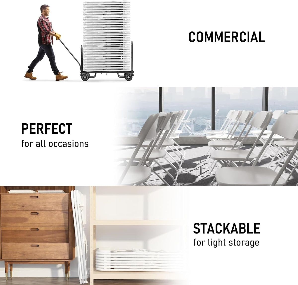 100 Pack White Plastic Folding Chairs,Steel Frame,350lb | HDPE plastic and steel frames;foldable,stackable chairs for indoor and outdoor weddings,parties,offices and events.