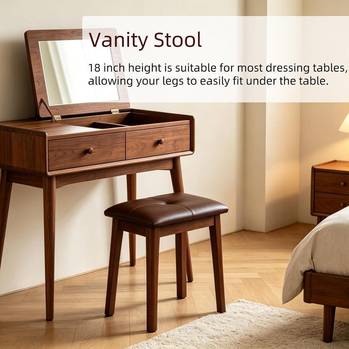 Solid Wood Vanity Stool with Cushion, 11" D x 15" W x 18" H - Small Wooden Ottoman Bench Chair Padded Seat for Bedroom/Living Room/Office/Makeup Vanity/Closet/Desk - Brown