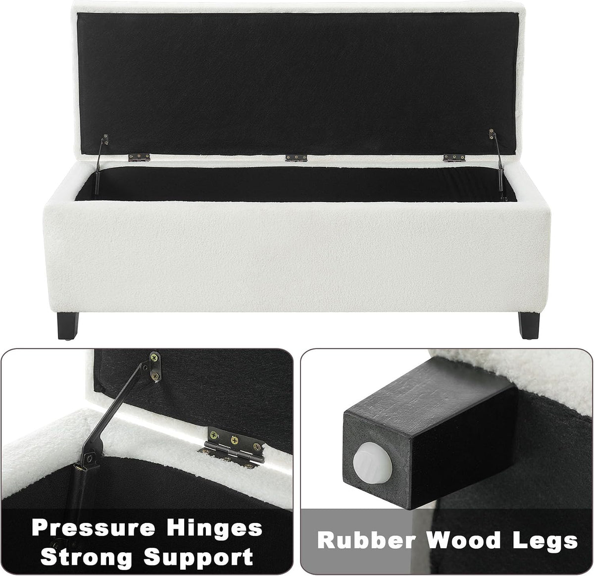 Storage Bench End of Bed, White Boucle Storage Ottoman Bench with Pressure Hinges, Foot Rest with Rubber Wood Legs, Button Tufted Ottoman with Storage for Living Room, Bedroom, Entry Ways & Window