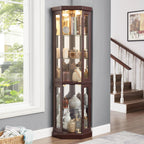 69" H Lighted Corner Curio Cabinet, 5-Tier Curio Glass Display Cabinet with Door & Adjustable Glass Shelves, Wooden Display Showcase Corner Storage Cabinet for Living Room (Dark Cherry)