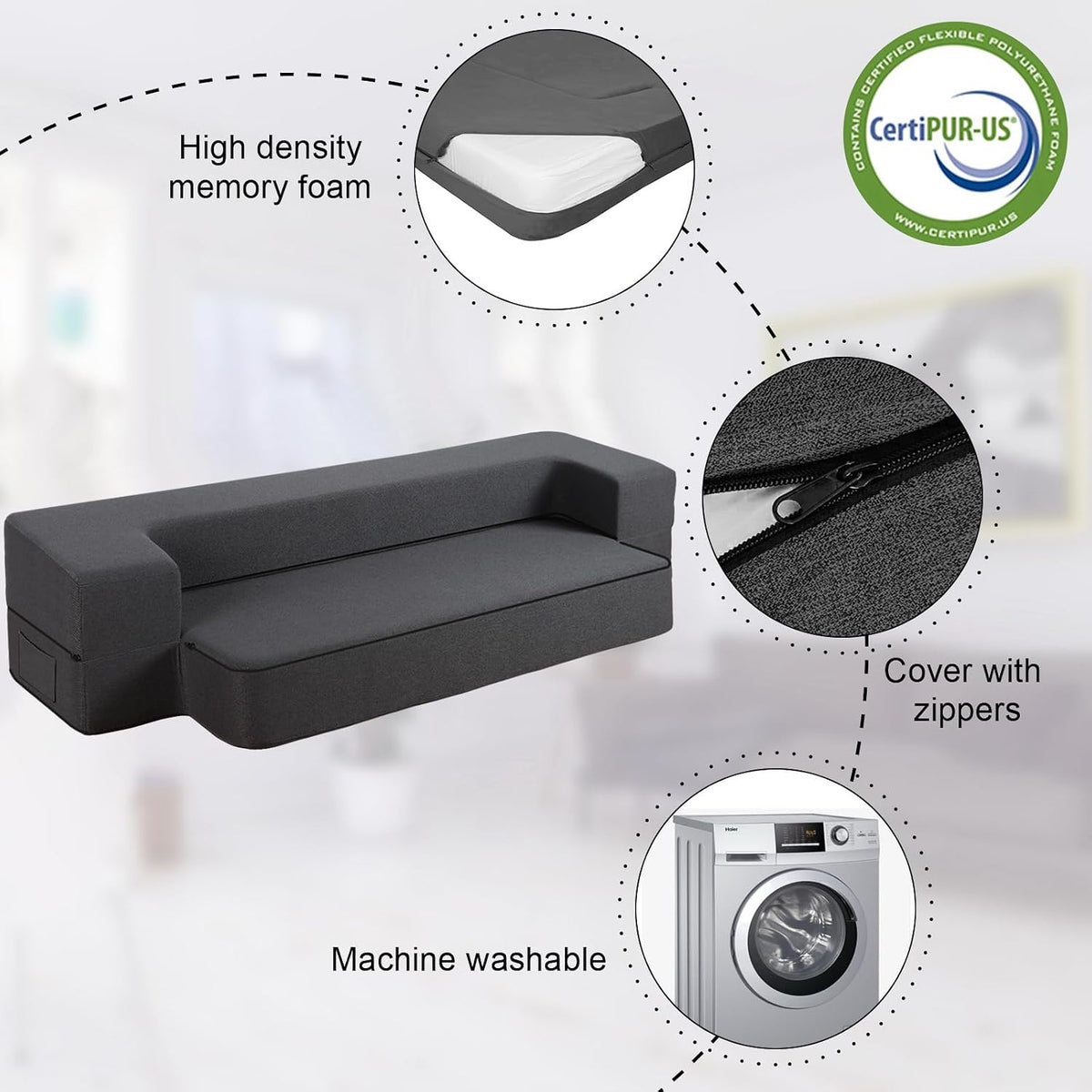 10 Inch Folding Sofa Bed Memory Foam Futon Chair Bed, Modern Fold Out Couch | Full Size Convertible Sleeper Sofa for Living Room, Foldable Floor Guest Mattress, Dark Grey